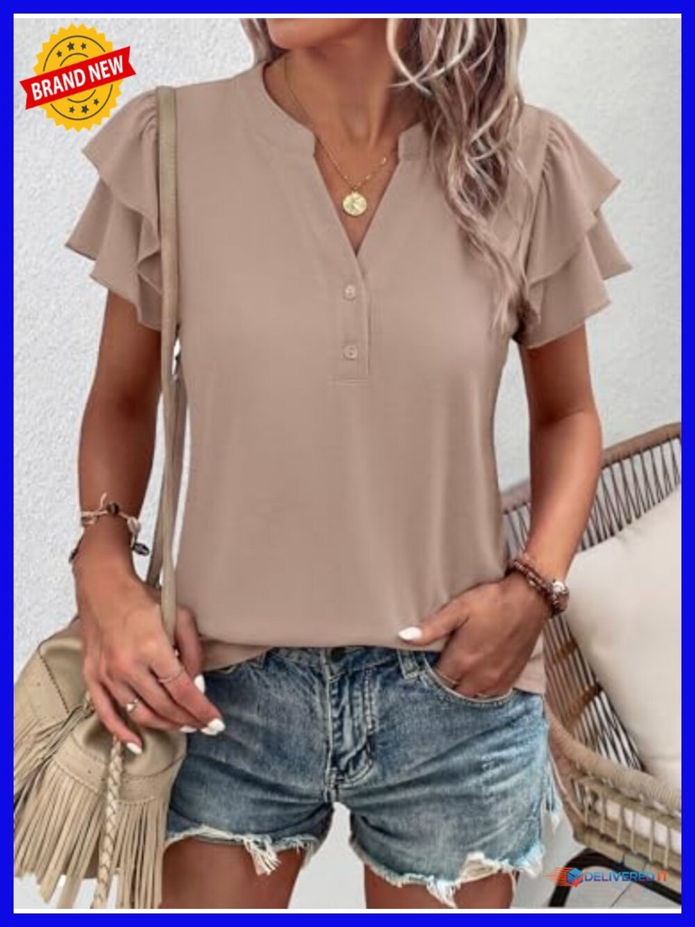 Women's Ruffle Sleeve V Neck Blouse Button Down Short Sleeve Blouse Loose Fit - Picture 5 of 6